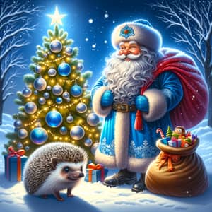 Hedgehog and Ded Moroz: Festive Winter Scene in Russia