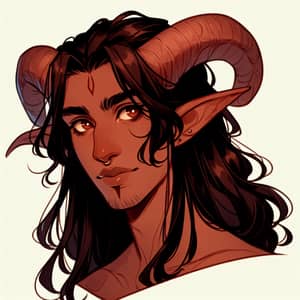 Young South Asian Male Tiefling with Medium-Length Horns and Warmth in Eyes