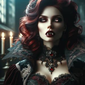 Stoic Vampire Woman in Gothic Attire with Dark Red Hair