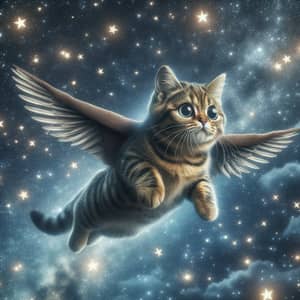 Flying Cat Soaring Through Star-Studded Sky