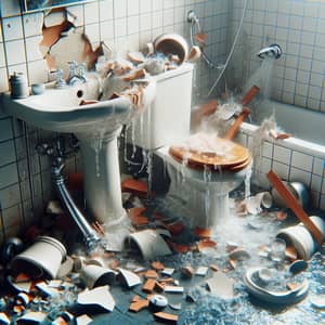 Chaotic Bathroom Scene: Broken Ceramics & Gushing Water
