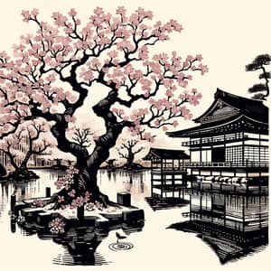 Serene Cherry Blossom Tree in Traditional Japanese Art Style
