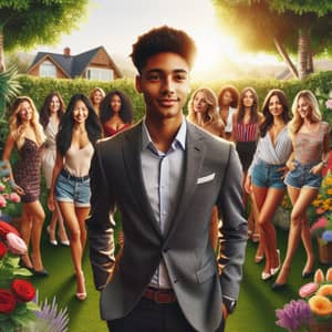 Smart Boy Surrounded by Diverse Stylish Women in Enchanting Garden
