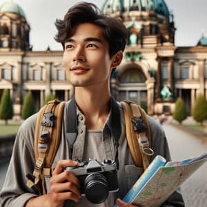 Eurasian Tourist Exploring Historical Landmarks with Wonder