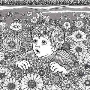 Child Exploring Vibrant Flowers in Colouring Page