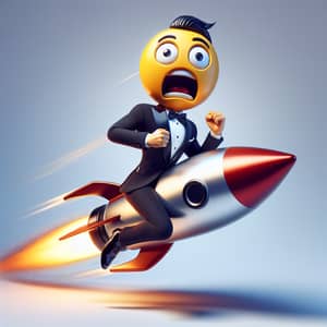 Man in Tuxedo Riding Emoji Rocket Panicking | 3D Pixar Animation Style