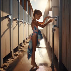 Nine-Year-Old Girl Outdoor Shower | Colorful Swimsuit