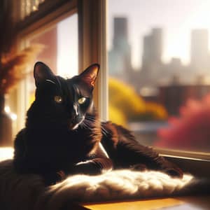 Regal Domestic Cat Named Whiskers Bathed in Sunlight on Plush Window Sill