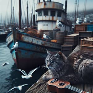 Aged Feline Serenading at Harbor with Ukulele