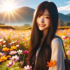 Asian Girl Surrounded by Wildflowers in Sun-Drenched Field
