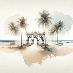 Scenic Watercolor Painting: Beach Arches & Coconut Trees