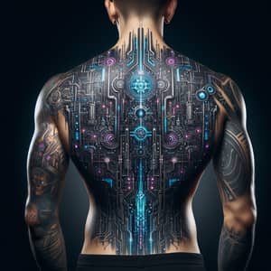 Detailed Cyberpunk-Themed Back Tattoo Design