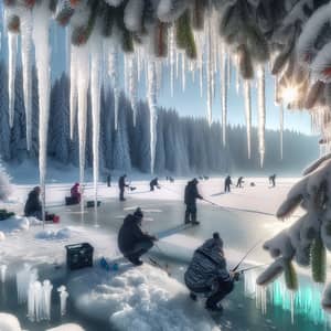 Icy Winter Scene in 8k HD: Ice Fishing & Frosty Evergreen Trees