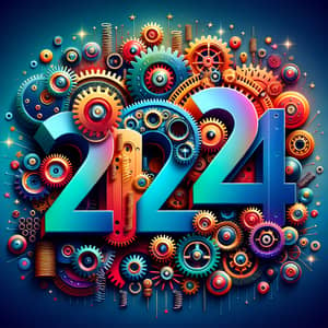 Mechanical Themed 2024 New Year Greeting Card | Vibrant Colors & Festive Design