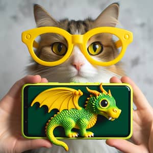 Cat with Yellow Glasses and Dragon-Shaped Smartphone