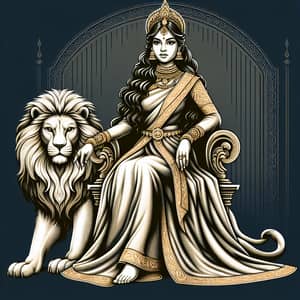 Regal South Asian Woman with Majestic Lion on Throne