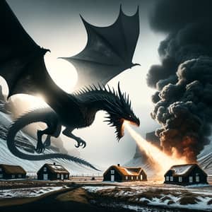 Black Dragon with White Wings Destroying Village in Iceland