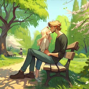 Romantic Park Bench Kiss - Greenery, Blossoms & Charm