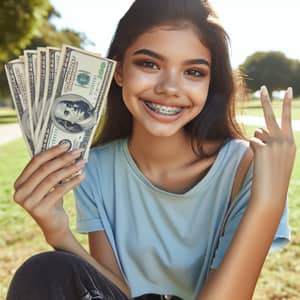 Hispanic Teenage Girl Celebrating with Dollar Bills | Park Scene