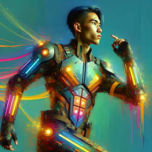 Cyberpunk South Asian Male in Neon-Armored Suit