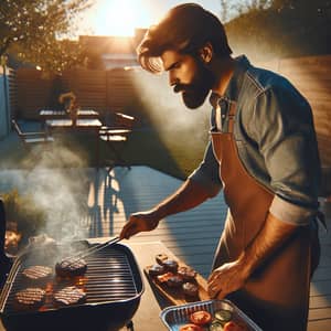 Outdoor Grilling: Middle-Eastern Man Cooking Over Charcoal Grill