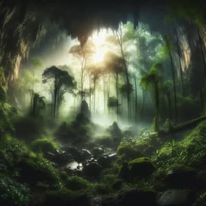 Mystical Forest Scene: Hidden Cave Entrance in Radiant Greens
