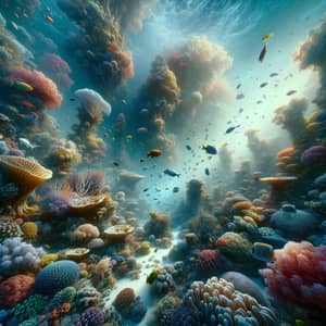 Surreal Underwater Scene with Vibrant Coral Reefs and Exotic Fish