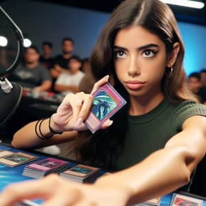Hispanic Girl Dueling with Dragonmaid Cards - Intense Gaming Scene