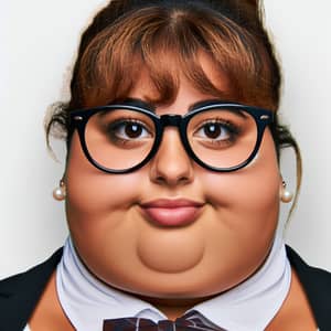 Overweight Woman with Round Face in Nerdy Attire