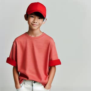 Asian Boy in Red Baseball Cap and Tee | Trendy White Jeans