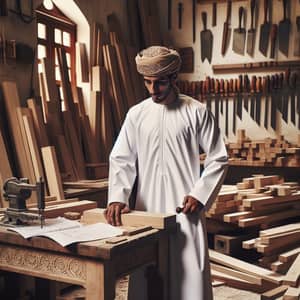 Skilled Omani Craftsman in Traditional Dress | Woodworking Scene