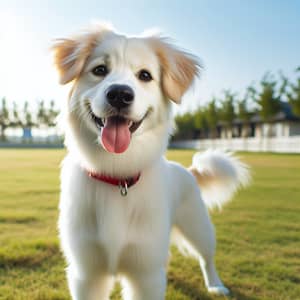 Medium White Dog in Grassy Field | Sunny Day Playful Pup