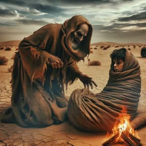 Desert Torment: Harrowing Scene of Man and Boy in Barren Landscape