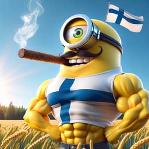 A pumped-up minion from cartoon with a cigar and a mustache in a T-shirt with the flag of Finland