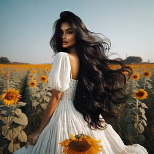 South Asian Woman in White Dress Among Sunflowers