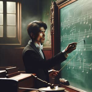 Asian Male Music Conductor Composing Music on Chalkboard