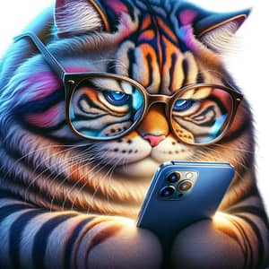 Vibrant Large Cat with Glasses Playing Smartphone
