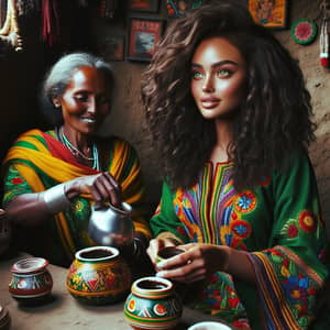 Traditional Ethiopian Coffee Ceremony with Women in Vibrant Attire