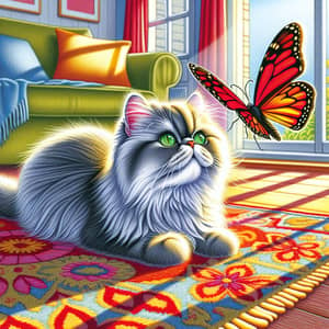 Fluffy Grey Persian Cat Illustration with Emerald Eyes and Red Butterfly