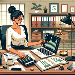 Dynamic Bookkeeper Illustration at Organized Desk | Financial Stability