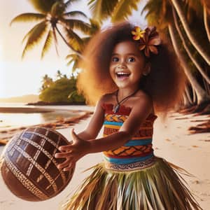 Traditional Fijian Girl Playing on a Sandy Beach