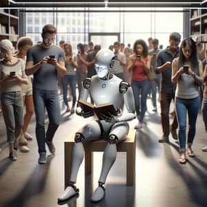 Futuristic Humanoid Robot Reading a Book Surrounded by Engrossed Diverse People