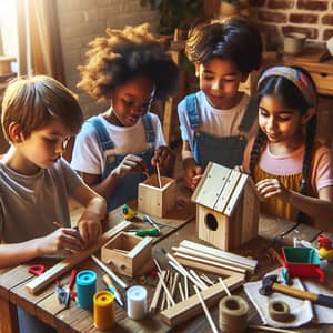 Diverse Children Building Birdhouse Together | Creative Activity
