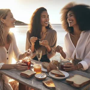 Serene Scene of Diverse Women Enjoying a Meal by the Sea