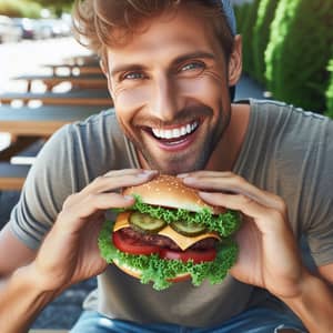Man Enjoying Delicious Hamburger Outdoors | Picnic Bench