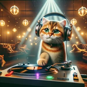 Whimsical Cat DJ Mixing Hip Hop Beats with Intense Focus