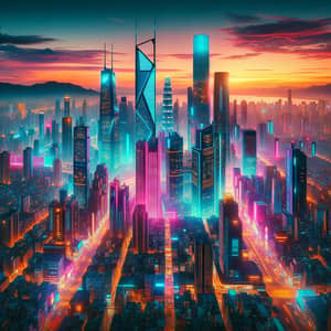 Futuristic Cityscape Sunset View | Neon Lights Drone Shot