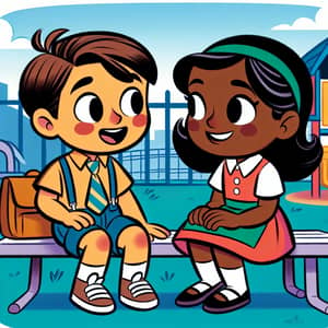 Vibrant Cartoon Image of South Asian Boy and Black Girl Chatting on School Playground