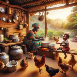 Authentic African Cooking: Mother and Child in Rustic Kitchen