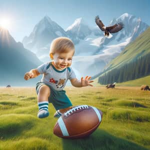 Cute Baby Boy Playing Football on Green Mountain Field